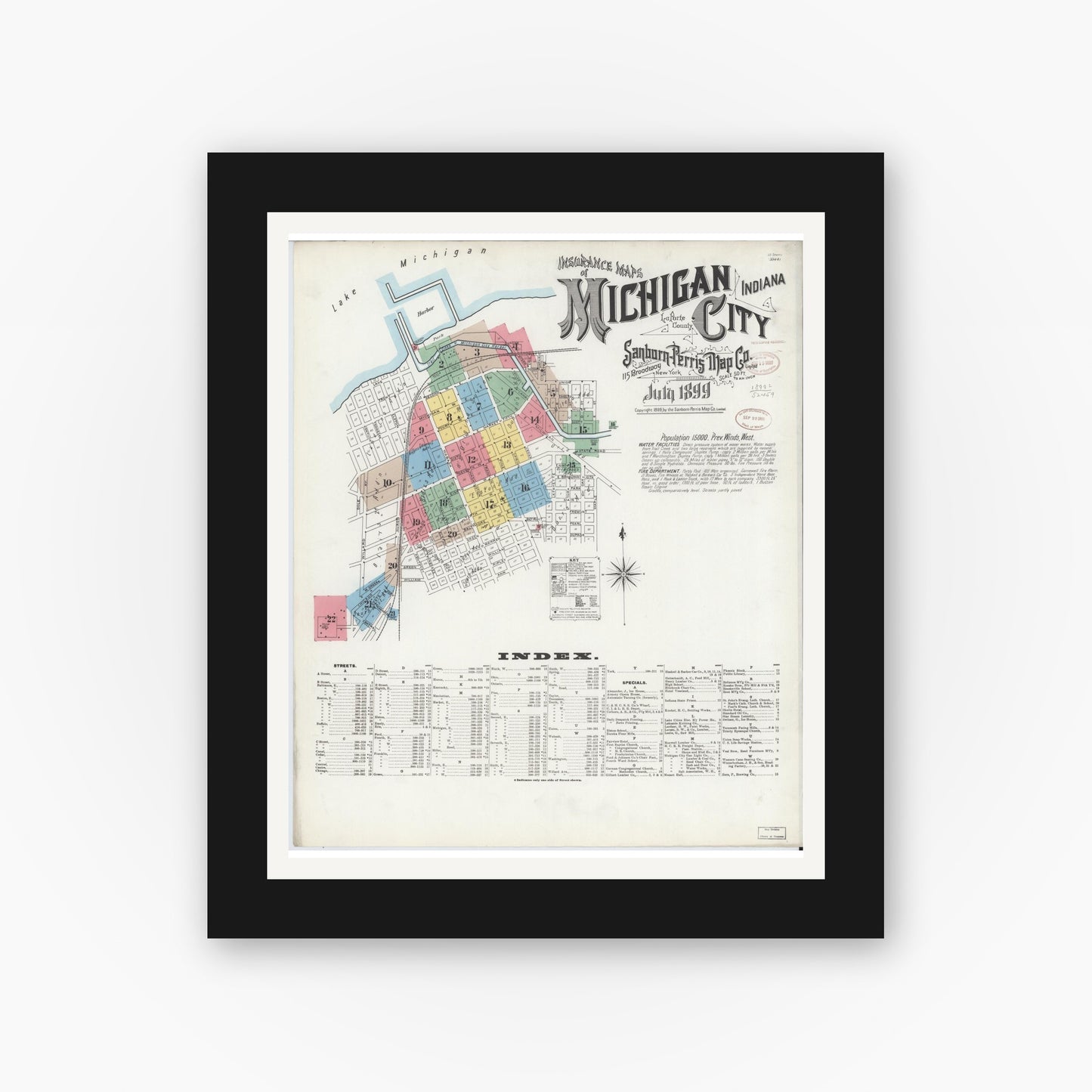 Old map wall art mockup — black gallery frame with white mat — Sanborn Fire Insurance Map from Michigan City, La Porte County, Indiana (1899) - Complete Map Set
