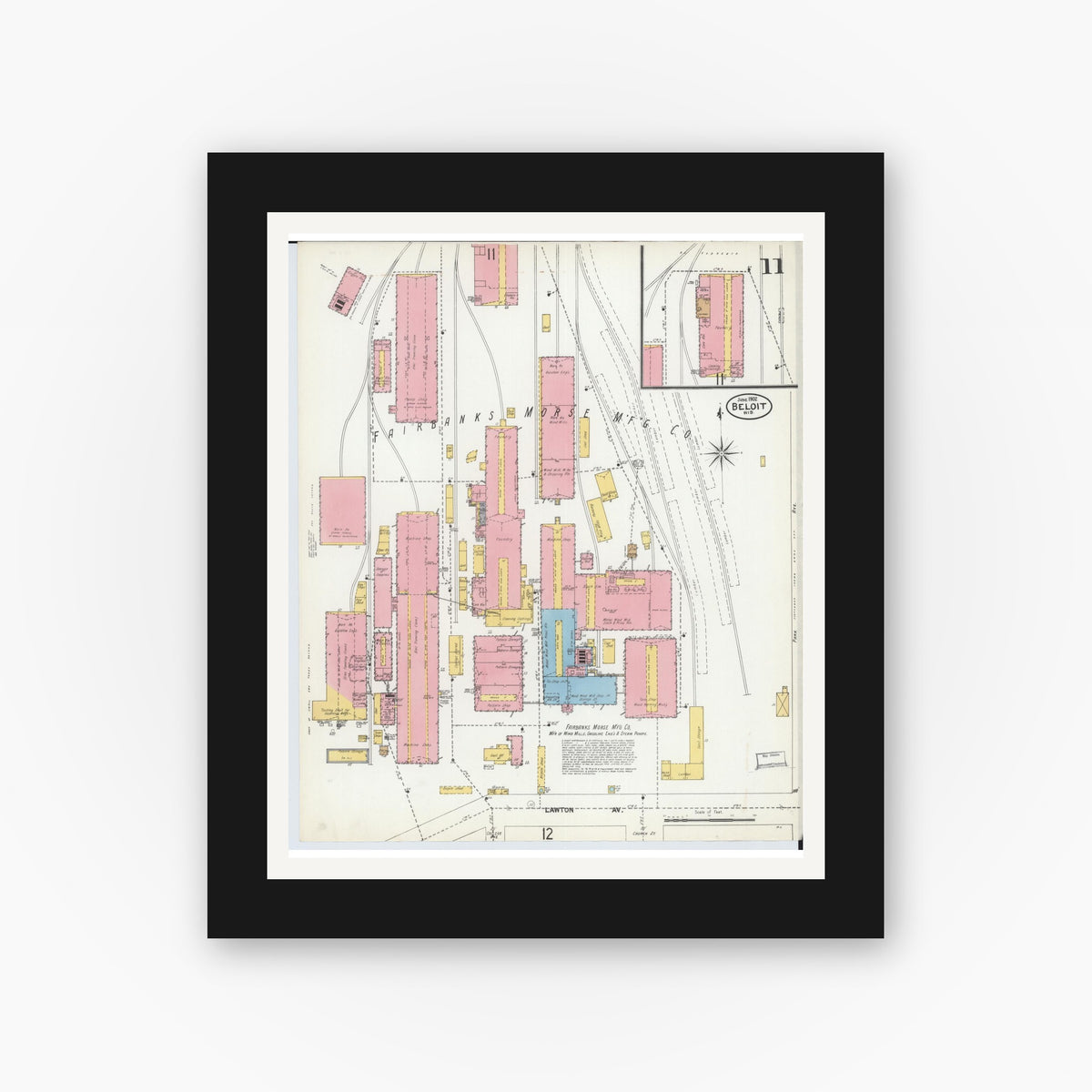 Old map wall art mockup — black gallery frame with white mat — Sanborn Fire Insurance Map from Beloit, Rock County, Wisconsin (1902), Sheet #0011