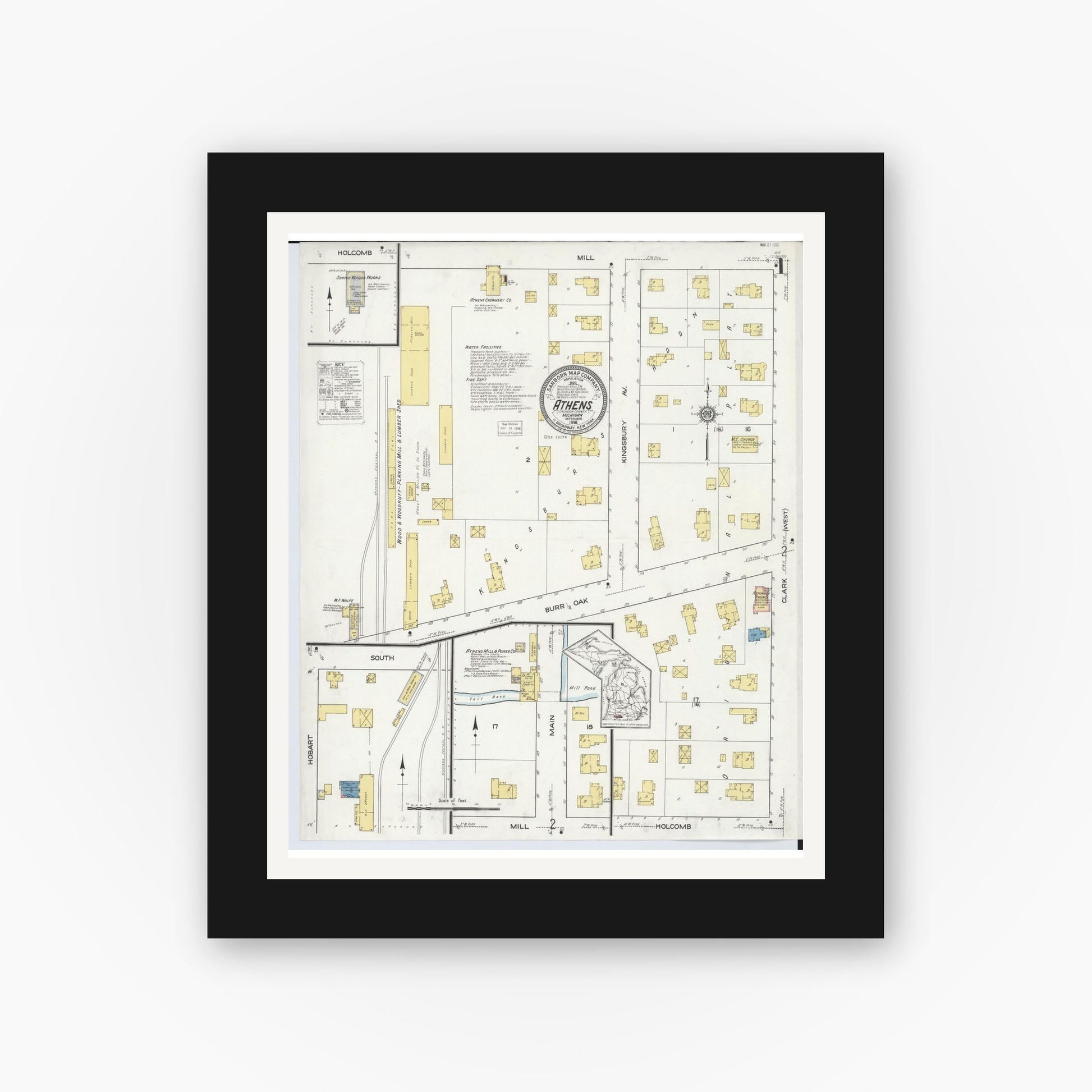 Old map wall art mockup — black gallery frame with white mat — Sanborn Fire Insurance Map from Athens, Calhoun County, Michigan (1916) - Complete Map Set
