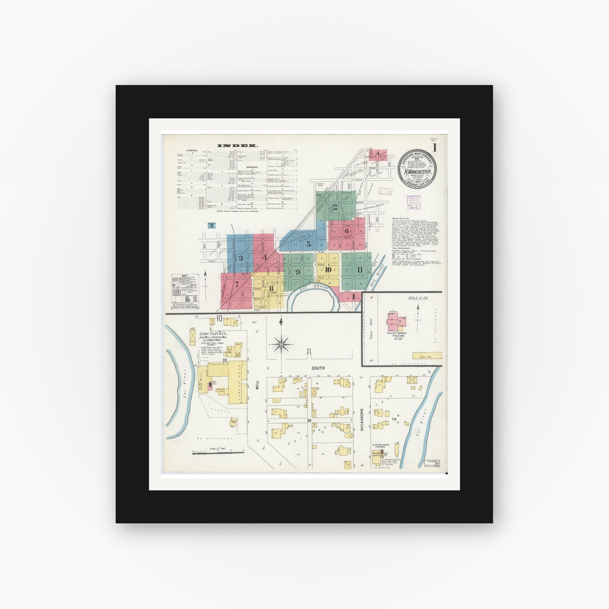 Old map wall art mockup — black gallery frame with white mat — Sanborn Fire Insurance Map from North Manchester, Wabash County, Indiana (1907), Sheet #0001