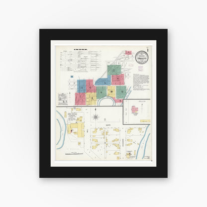Old map wall art mockup — black gallery frame with white mat — Sanborn Fire Insurance Map from North Manchester, Wabash County, Indiana (1907), Sheet #0001