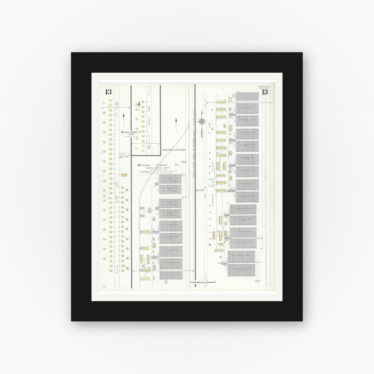 Old map wall art mockup — black gallery frame with white mat — Sanborn Fire Insurance Map from Borger, Hutchinson County, Texas (1933), Sheet #0013