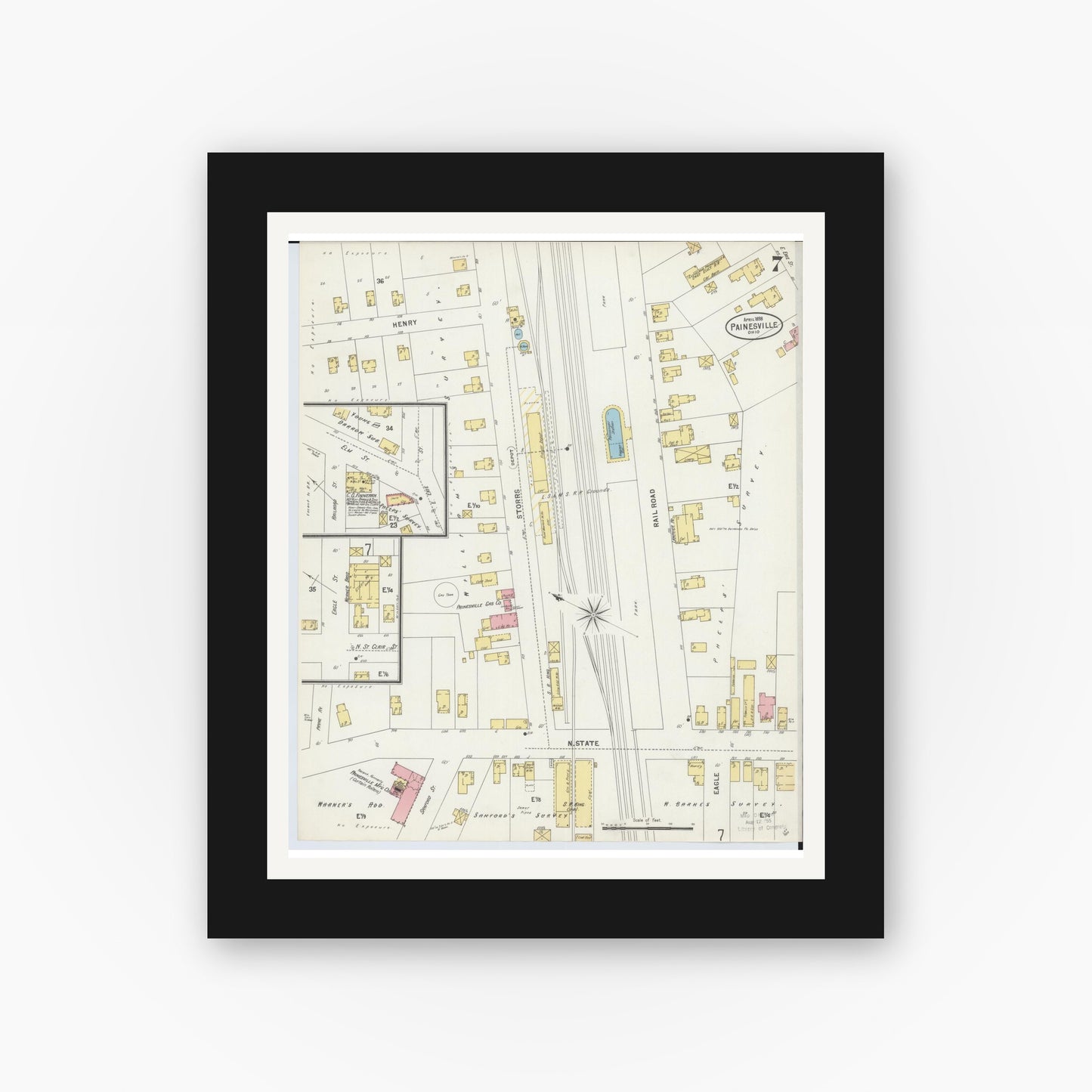 Old map wall art mockup — black gallery frame with white mat — Sanborn Fire Insurance Map from Painesville, Lake County, Ohio (1898), Sheet #0007