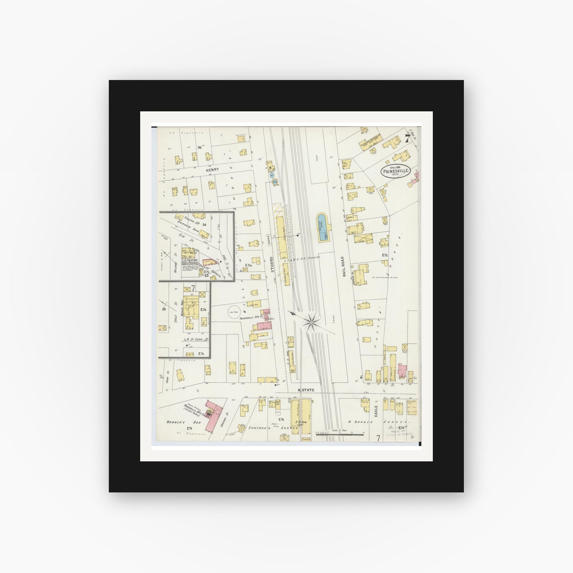 Old map wall art mockup — black gallery frame with white mat — Sanborn Fire Insurance Map from Painesville, Lake County, Ohio (1898), Sheet #0007