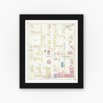 Old map wall art mockup — black gallery frame with white mat — Sanborn Fire Insurance Map from Bellefontaine, Logan County, Ohio (1907), Sheet #0005
