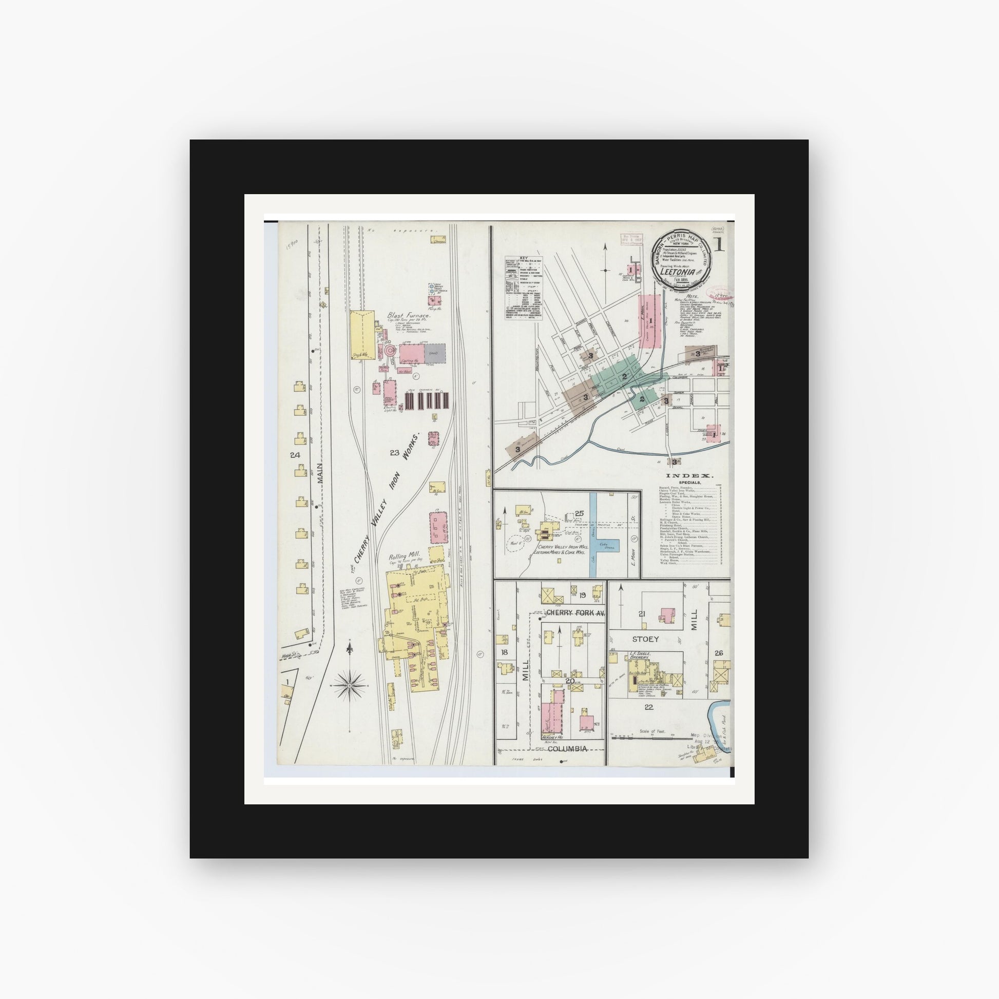 Old map wall art mockup — black gallery frame with white mat — Sanborn Fire Insurance Map from Leetonia, Columbiana County, Ohio (1893), Sheet #0001