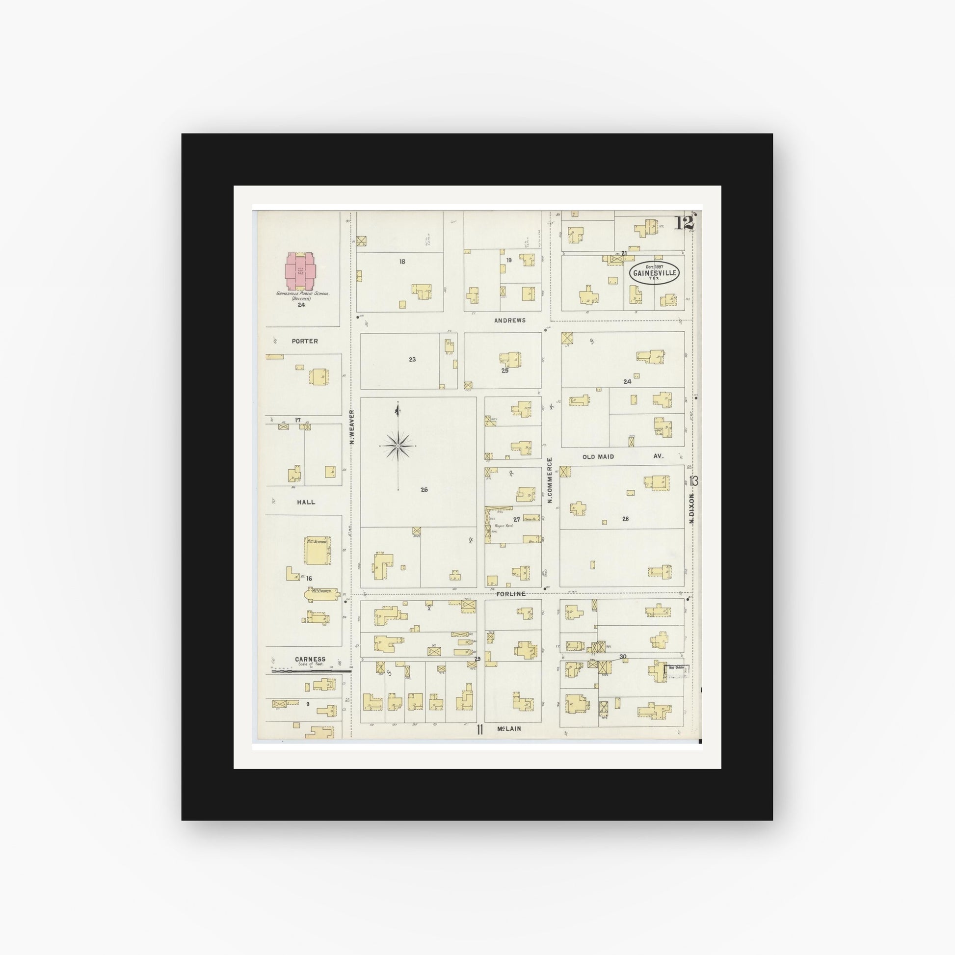 Old map wall art mockup — black gallery frame with white mat — Sanborn Fire Insurance Map from Gainesville, Cooke County, Texas (1897), Sheet #0012
