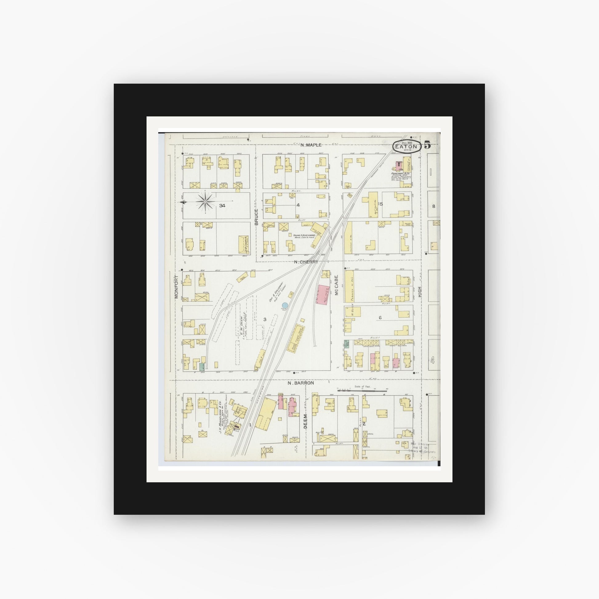Old map wall art mockup — black gallery frame with white mat — Sanborn Fire Insurance Map from Eaton, Preble County, Ohio (1892), Sheet #0005