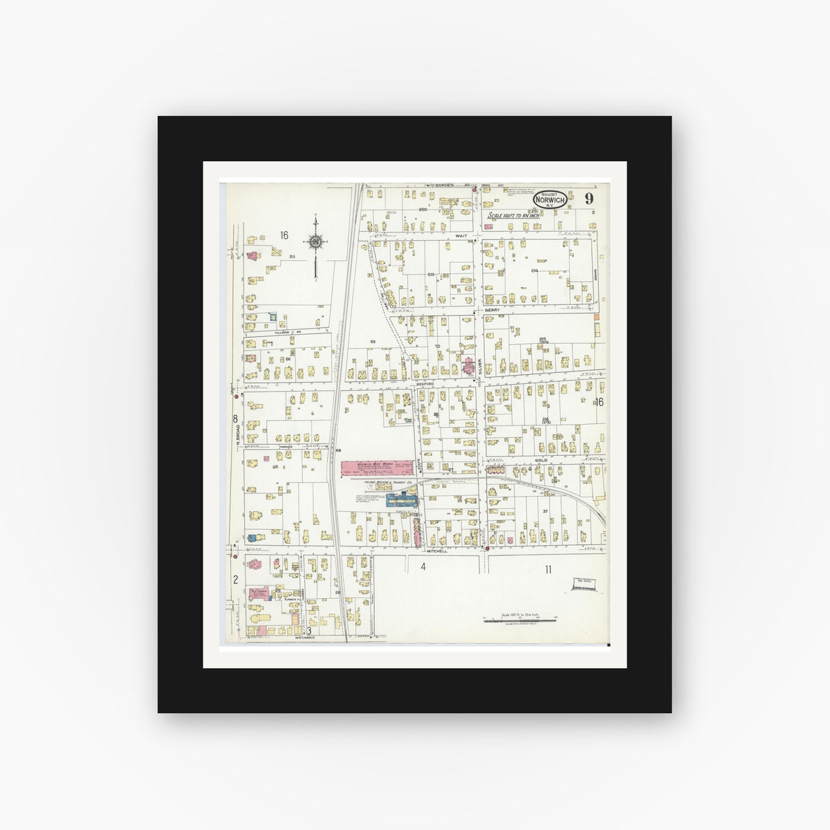 Old map wall art mockup — black gallery frame with white mat — Sanborn Fire Insurance Map from Norwich, Chenango County, New York (1917), Sheet #0009