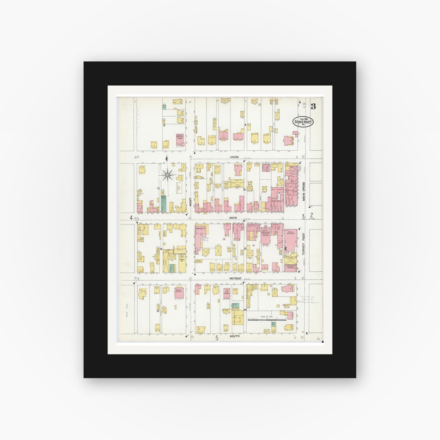 Old map wall art mockup — black gallery frame with white mat — Sanborn Fire Insurance Map from Somerset, Somerset County, Pennsylvania (1904), Sheet #0003