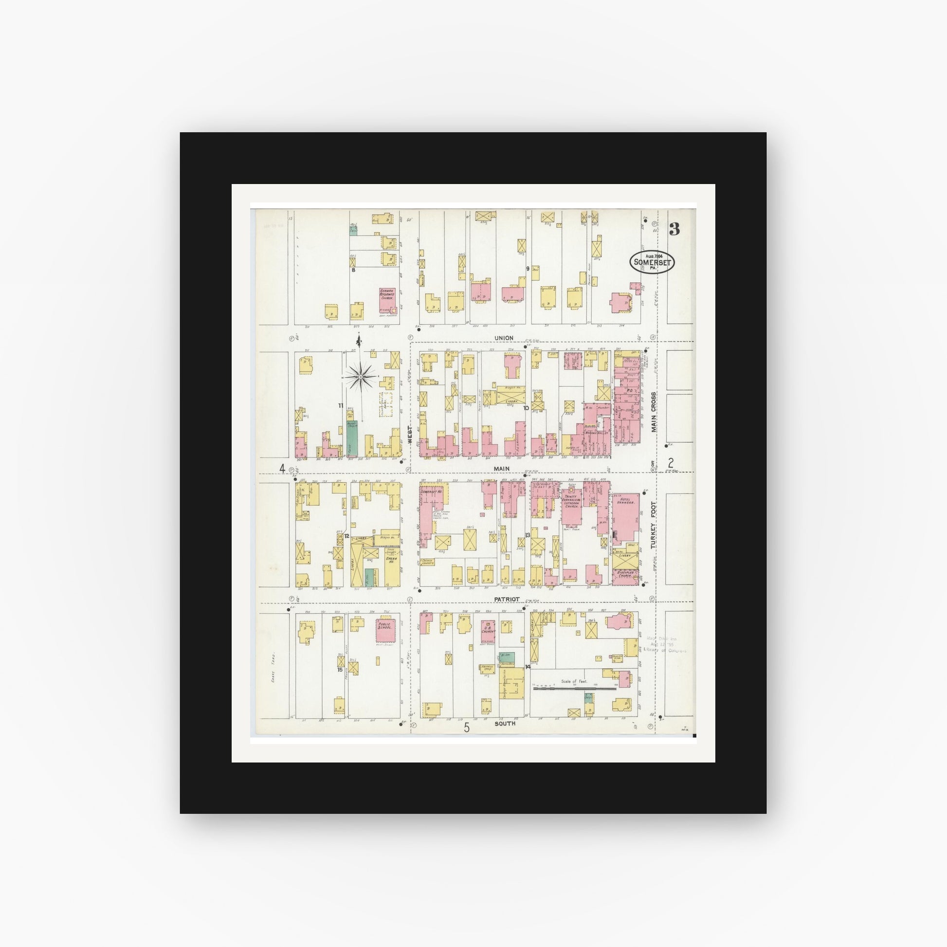 Old map wall art mockup — black gallery frame with white mat — Sanborn Fire Insurance Map from Somerset, Somerset County, Pennsylvania (1904), Sheet #0003