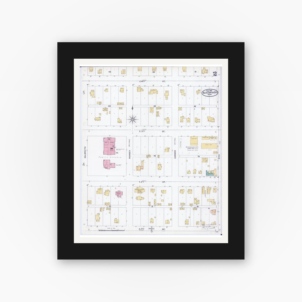 Old map wall art mockup — black gallery frame with white mat — Sanborn Fire Insurance Map from Blue Earth, Faribault County, Minnesota (1905), Sheet #0002