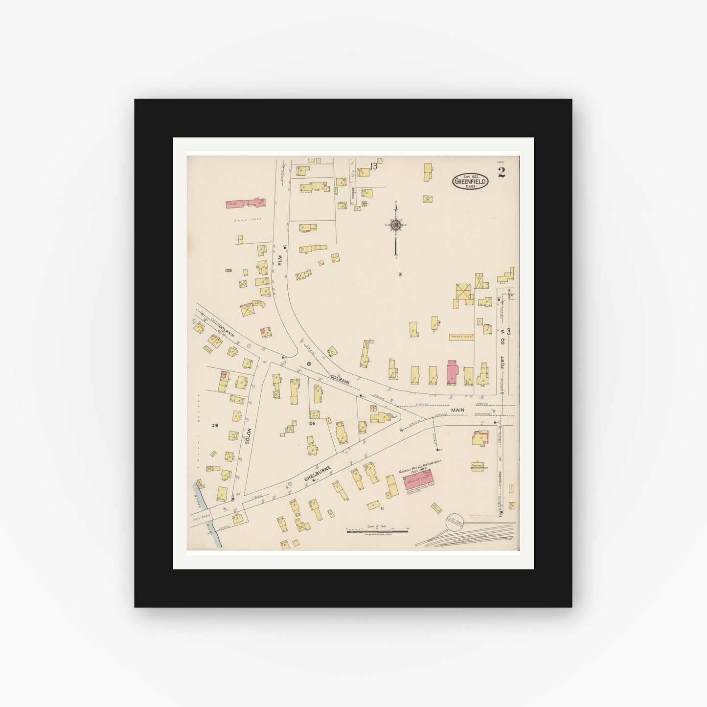 Old map wall art mockup — black gallery frame with white mat — Sanborn Fire Insurance Map from Greenfield, Franklin County, Massachusetts (1922), Sheet #0002