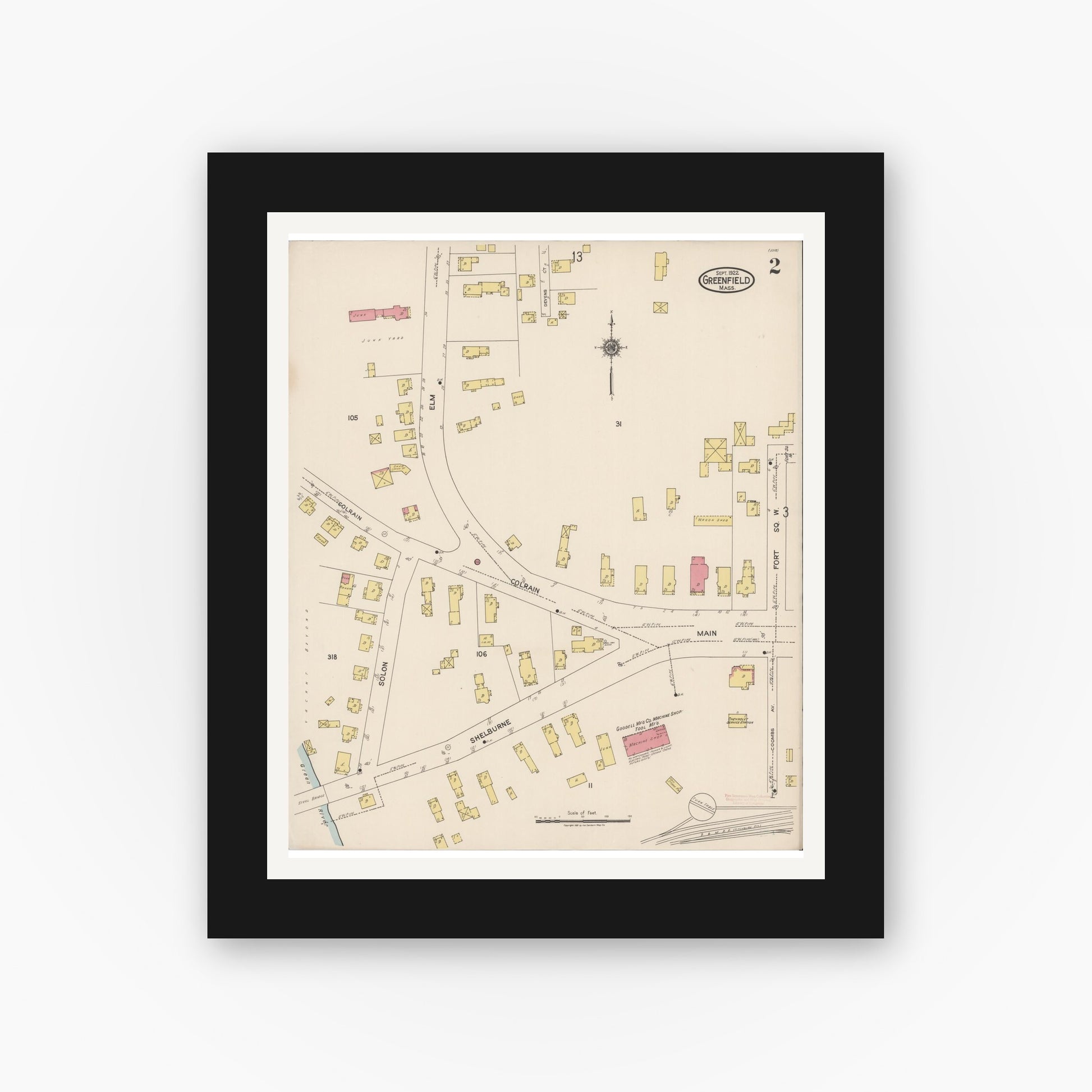 Old map wall art mockup — black gallery frame with white mat — Sanborn Fire Insurance Map from Greenfield, Franklin County, Massachusetts (1922), Sheet #0002