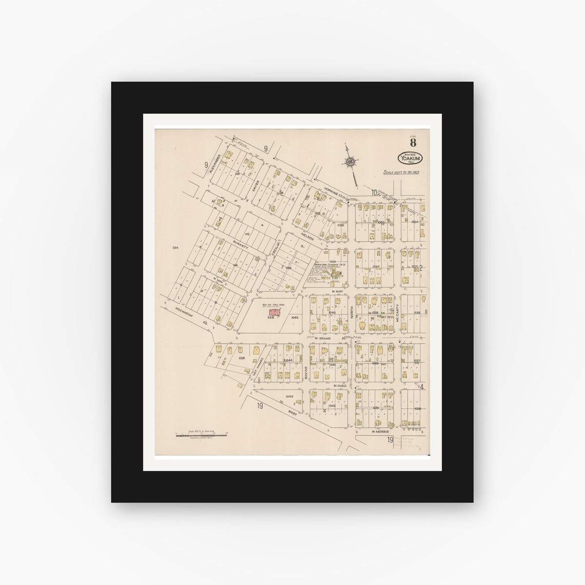 Old map wall art mockup — black gallery frame with white mat — Sanborn Fire Insurance Map from Yoakum, De Witt And Lavaca Counties, Texas (1922), Sheet #0008