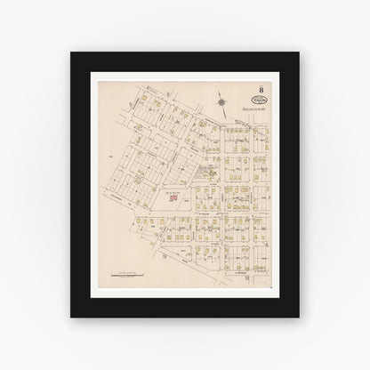 Old map wall art mockup — black gallery frame with white mat — Sanborn Fire Insurance Map from Yoakum, De Witt And Lavaca Counties, Texas (1922), Sheet #0008