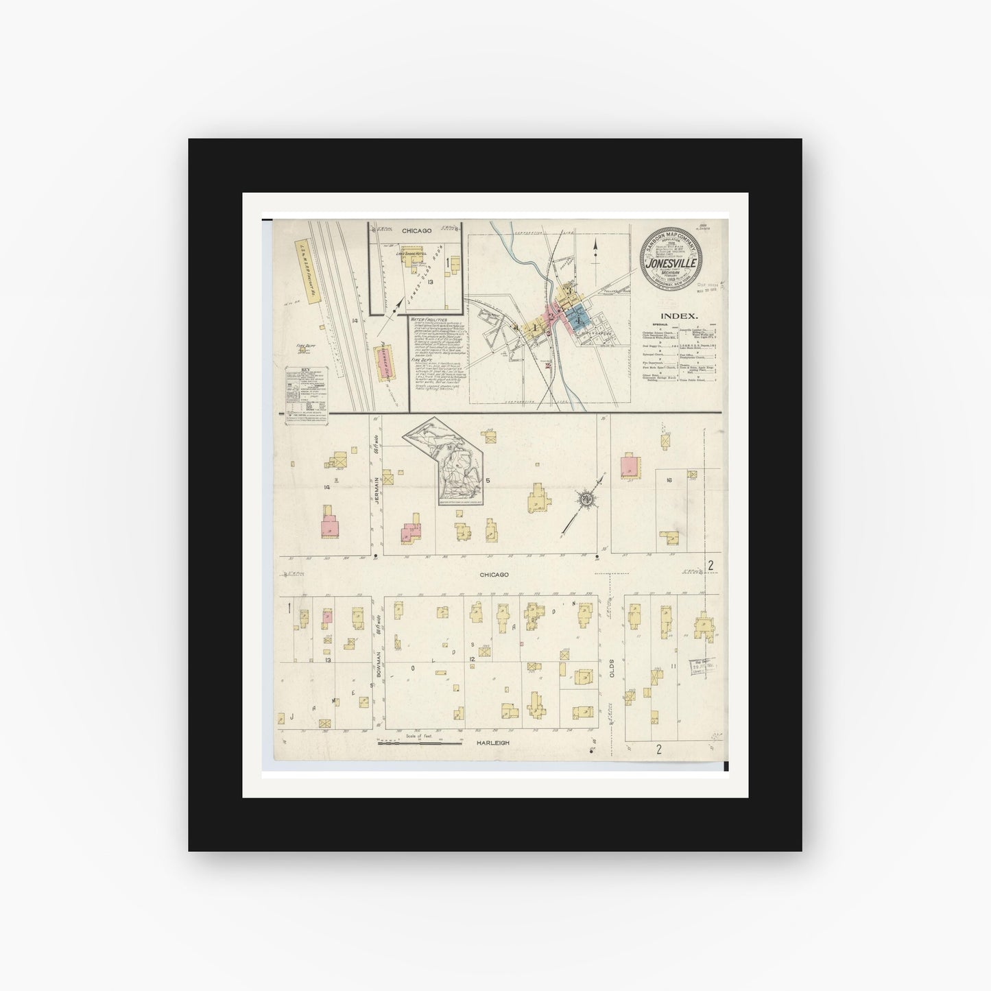 Old map wall art mockup — black gallery frame with white mat — Sanborn Fire Insurance Map from Jonesville, Hillsdale County, Michigan (1913) - Complete Map Set