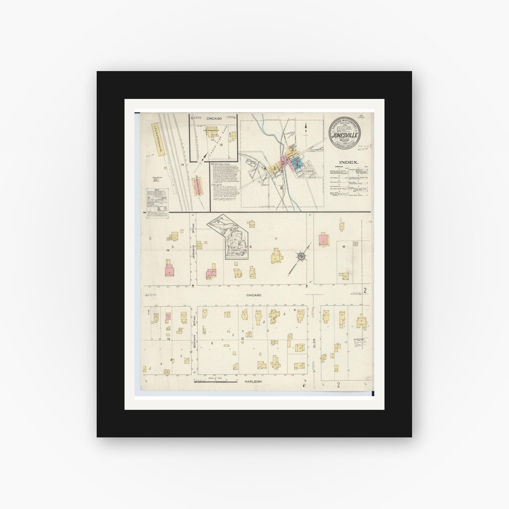 Old map wall art mockup — black gallery frame with white mat — Sanborn Fire Insurance Map from Jonesville, Hillsdale County, Michigan (1913) - Complete Map Set