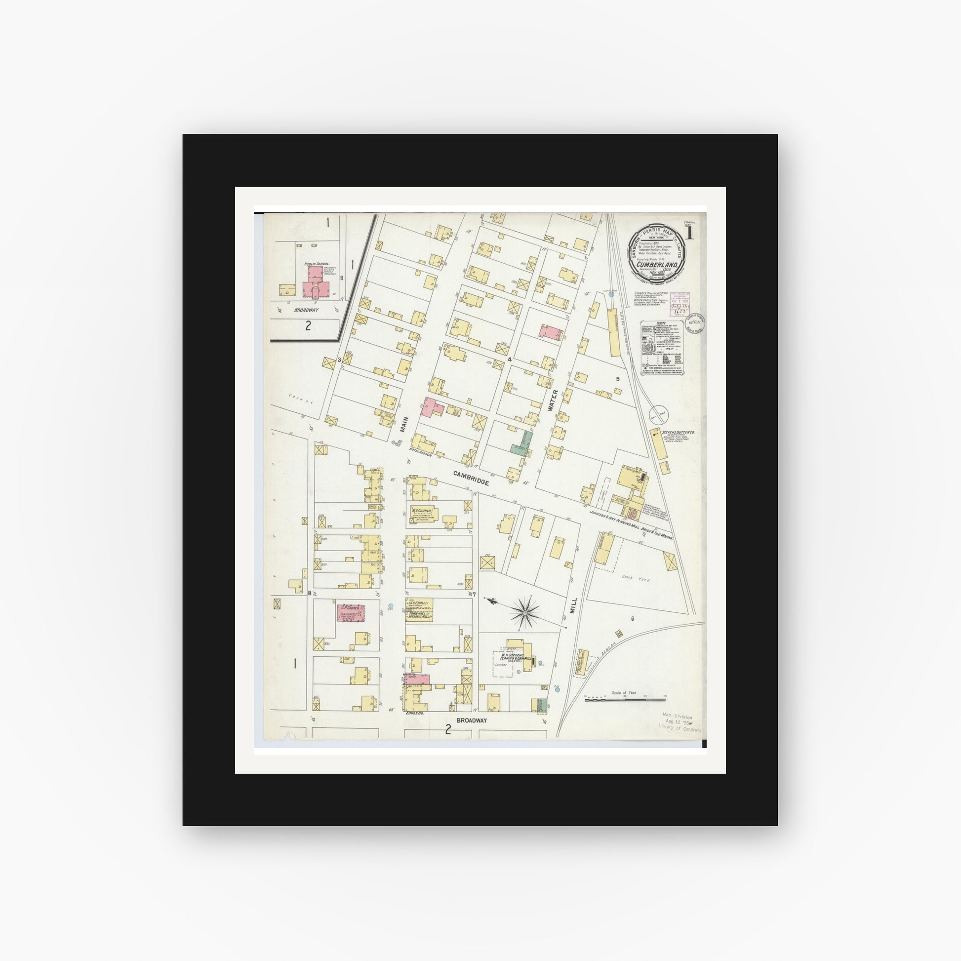 Old map wall art mockup — black gallery frame with white mat — Sanborn Fire Insurance Map from Cumberland, Guernsey County, Ohio (1901) - Complete Map Set