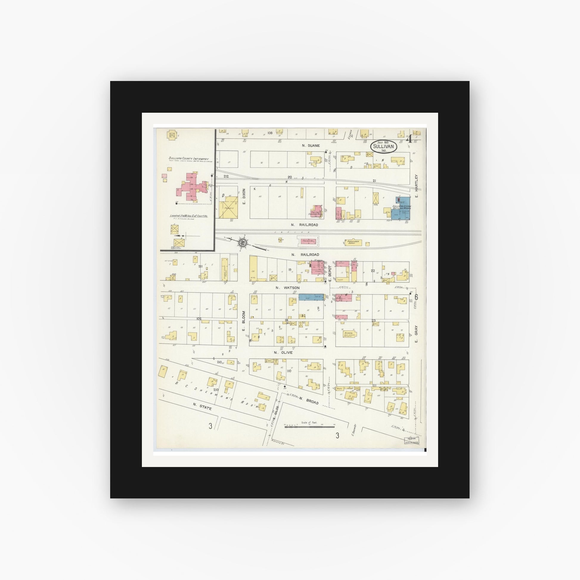 Old map wall art mockup — black gallery frame with white mat — Sanborn Fire Insurance Map from Sullivan, Sullivan County, Indiana (1913), Sheet #0004