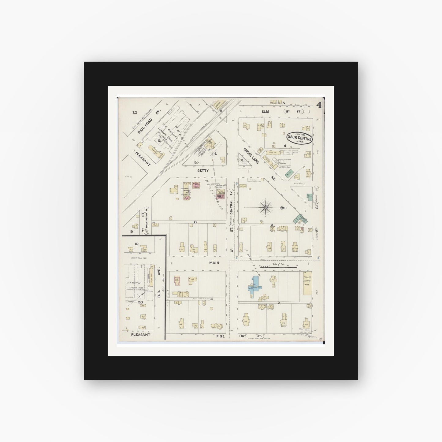 Old map wall art mockup — black gallery frame with white mat — Sanborn Fire Insurance Map from Sauk Centre, Stearns County, Minnesota (1890), Sheet #0004