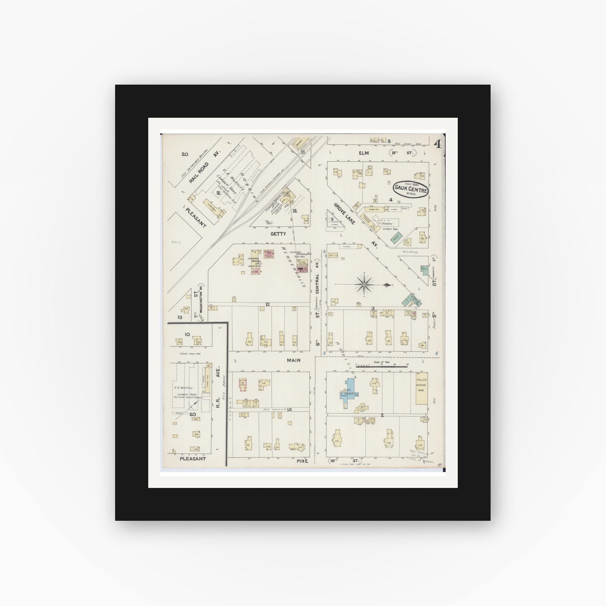 Old map wall art mockup — black gallery frame with white mat — Sanborn Fire Insurance Map from Sauk Centre, Stearns County, Minnesota (1890), Sheet #0004