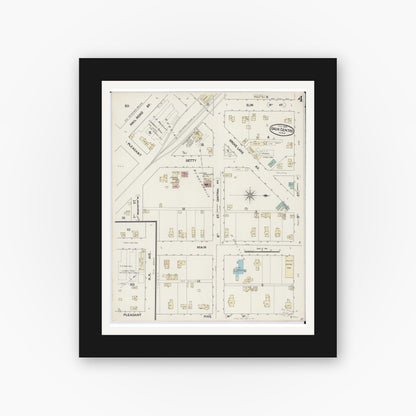 Old map wall art mockup — black gallery frame with white mat — Sanborn Fire Insurance Map from Sauk Centre, Stearns County, Minnesota (1890), Sheet #0004