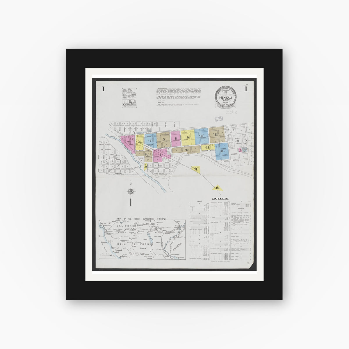 Old map wall art mockup — black gallery frame with white mat — Sanborn Fire Insurance Map from Mexicali, Baja California (Mexico) (1925) - Complete Map Set