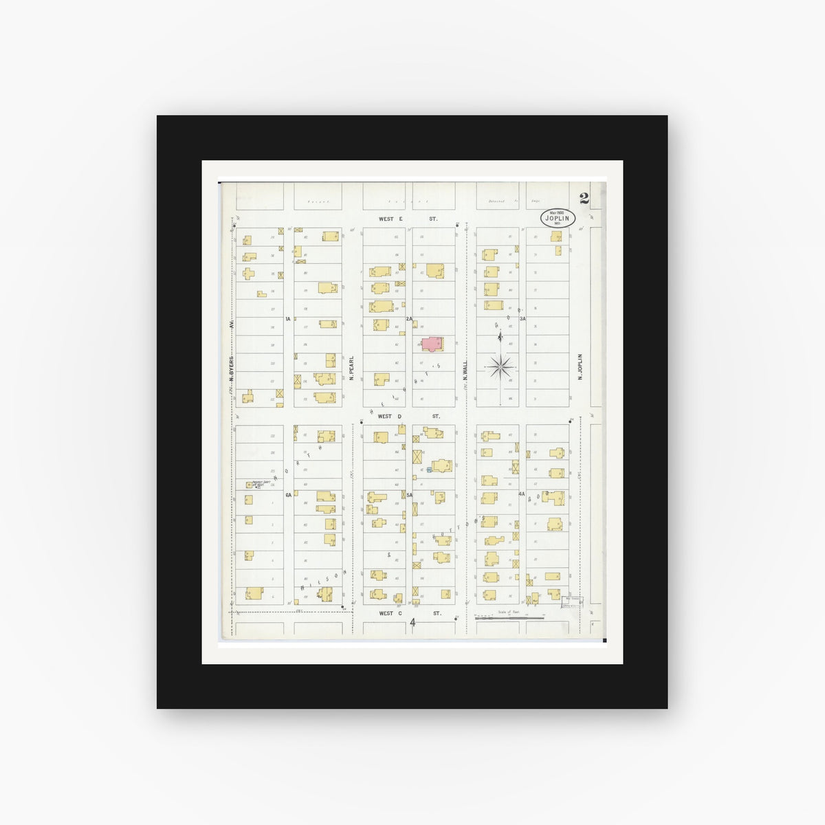 Old map wall art mockup — black gallery frame with white mat — Sanborn Fire Insurance Map from Joplin, Jasper County, Missouri (1900), Sheet #0002