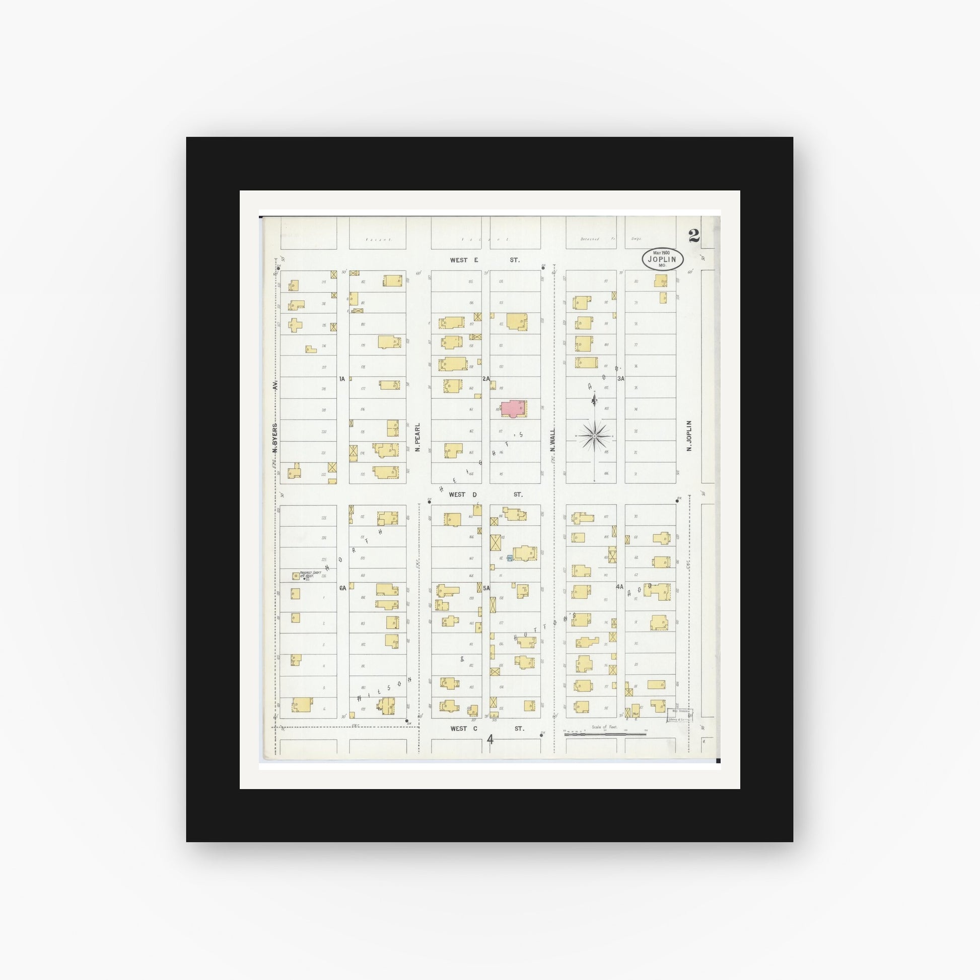 Old map wall art mockup — black gallery frame with white mat — Sanborn Fire Insurance Map from Joplin, Jasper County, Missouri (1900), Sheet #0002