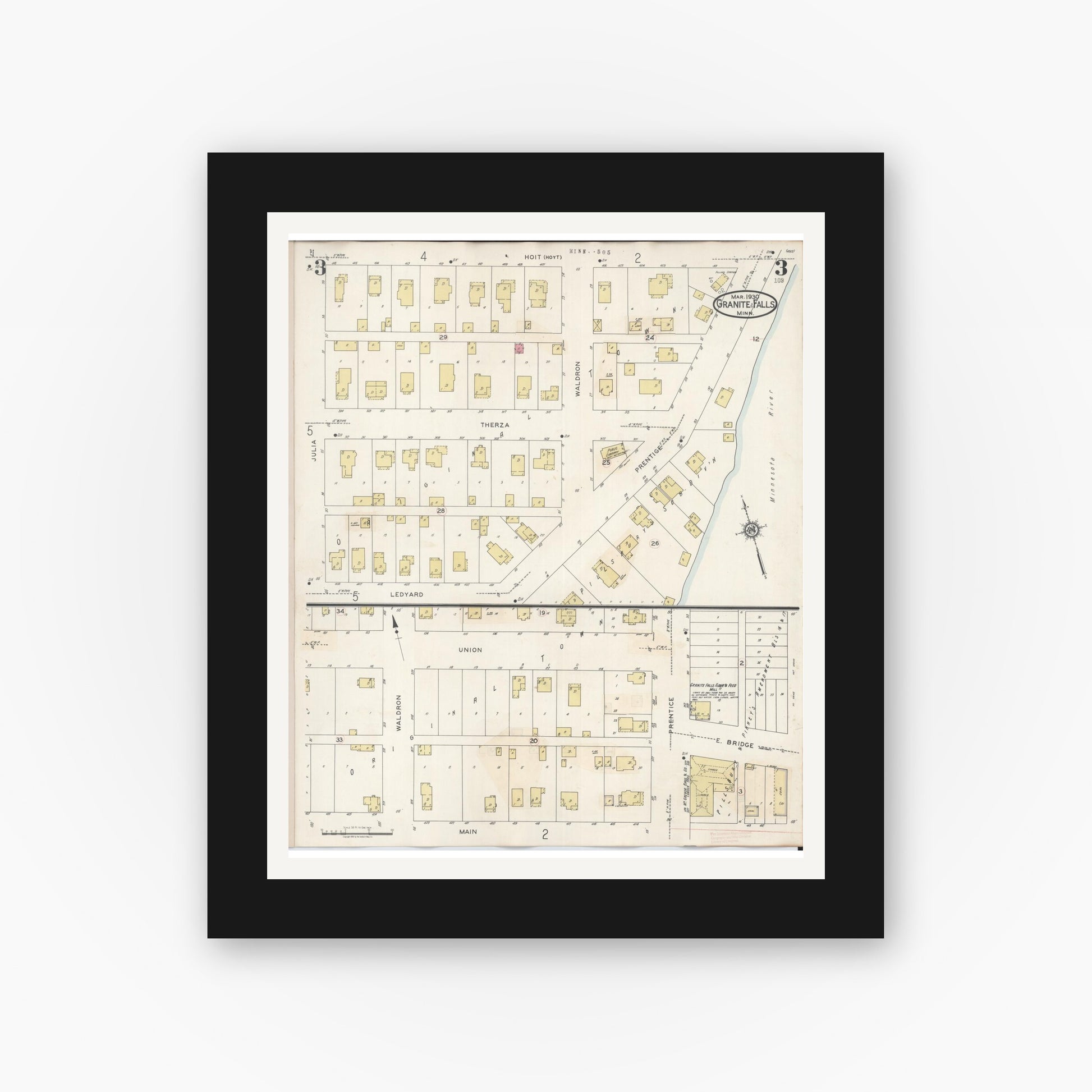 Old map wall art mockup — black gallery frame with white mat — Sanborn Fire Insurance Map from Granite Falls, Yellow Medicine And Chippewa Counties, Minnesota (1941), Sheet #0003