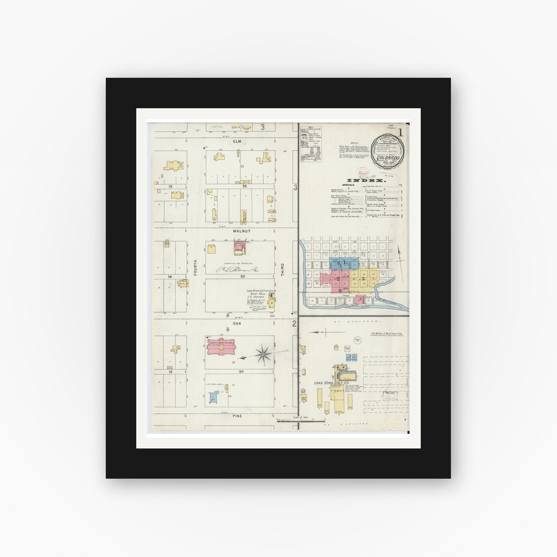 Old map wall art mockup — black gallery frame with white mat — Sanborn Fire Insurance Map from Colorado, Mitchell County, Texas (1896), Sheet #0001
