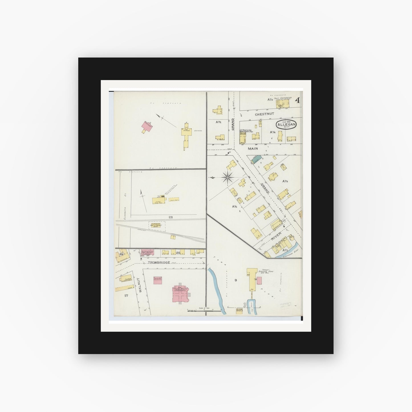 Old map wall art mockup — black gallery frame with white mat — Sanborn Fire Insurance Map from Allegan, Allegan County, Michigan (1893), Sheet #0004