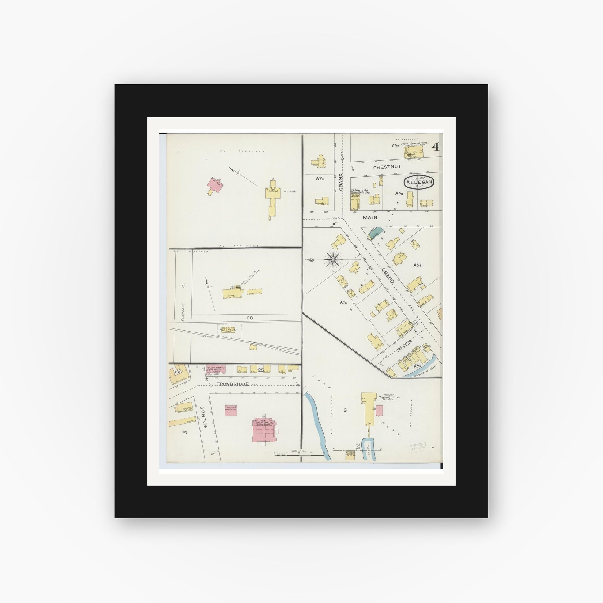 Old map wall art mockup — black gallery frame with white mat — Sanborn Fire Insurance Map from Allegan, Allegan County, Michigan (1893), Sheet #0004