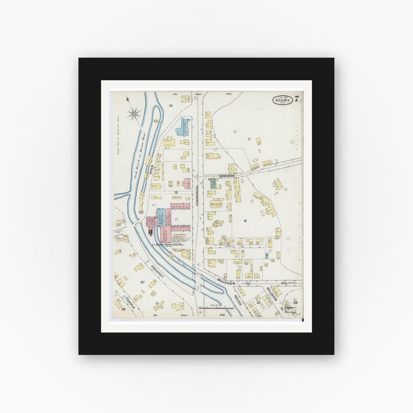 Old map wall art mockup — black gallery frame with white mat — Sanborn Fire Insurance Map from Adams, Berkshire County, Massachusetts (1889), Sheet #0007