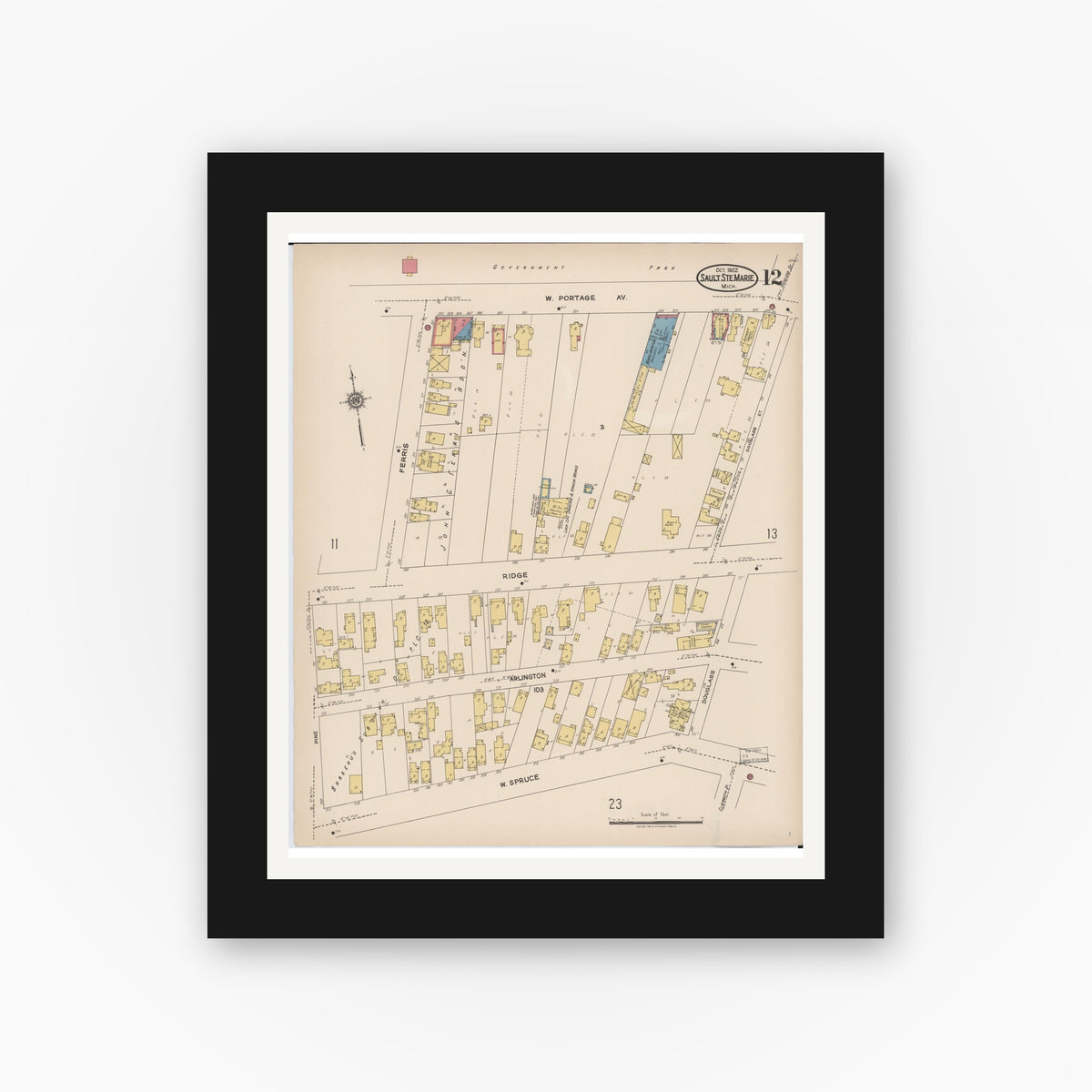 Old map wall art mockup — black gallery frame with white mat — Sanborn Fire Insurance Map from Sault Sainte Marie, Chippewa County, Michigan (1922), Sheet #0012