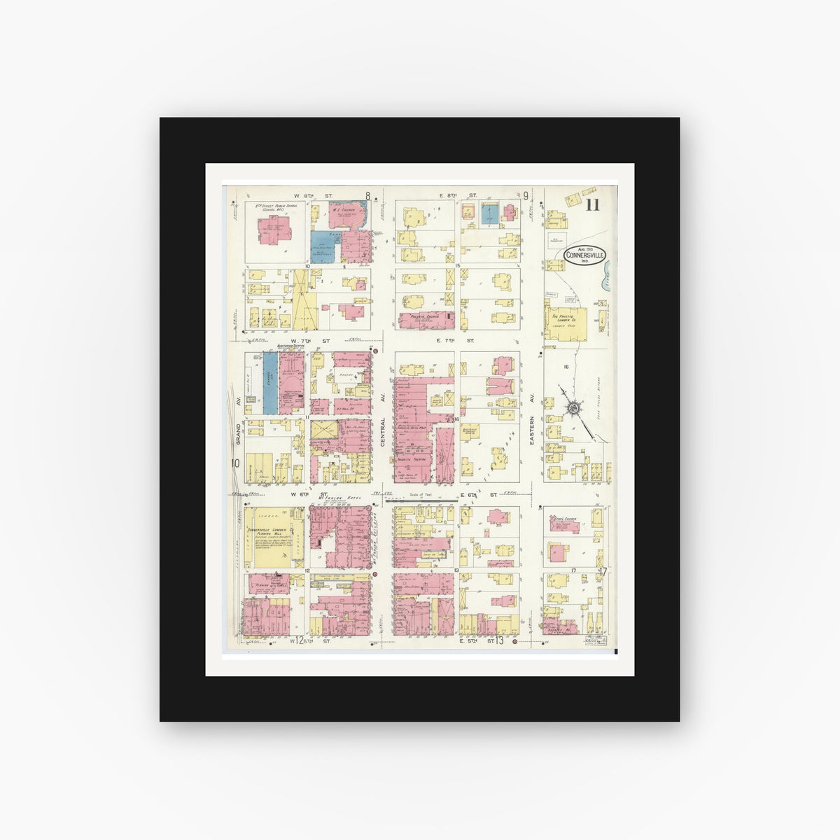 Old map wall art mockup — black gallery frame with white mat — Sanborn Fire Insurance Map from Connersville, Fayette County, Indiana (1913), Sheet #0011