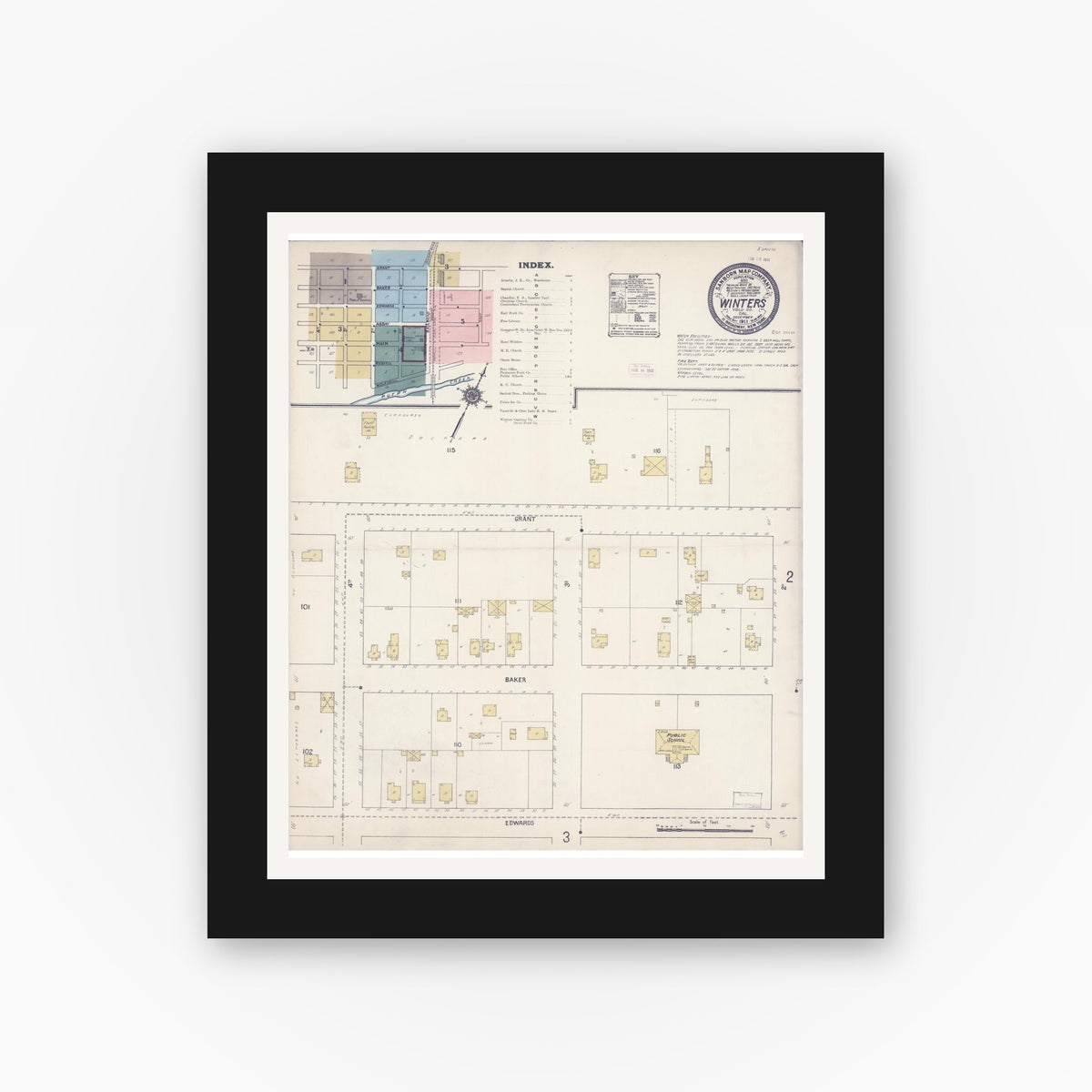 Old map wall art mockup — black gallery frame with white mat — Sanborn Fire Insurance Map from Winters, Yolo County, California (1911) - Complete Map Set