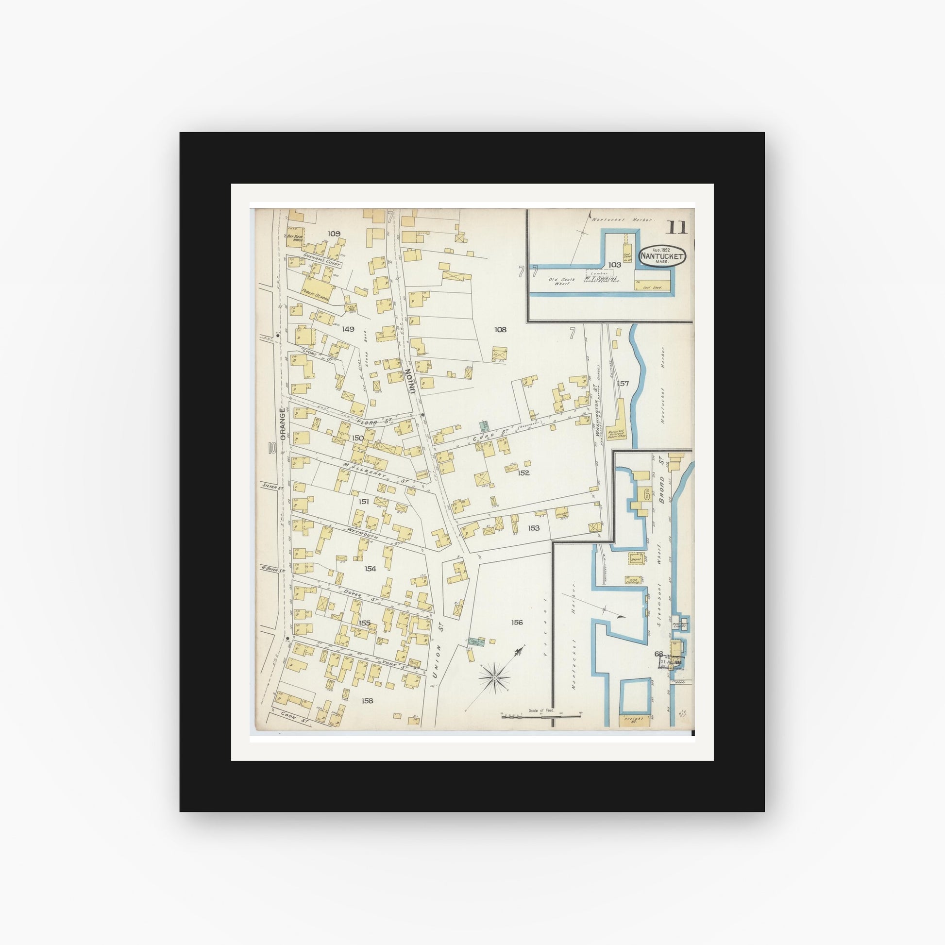 Old map wall art mockup — black gallery frame with white mat — Sanborn Fire Insurance Map from Nantucket, Nantucket County, Massachusetts (1892), Sheet #0011