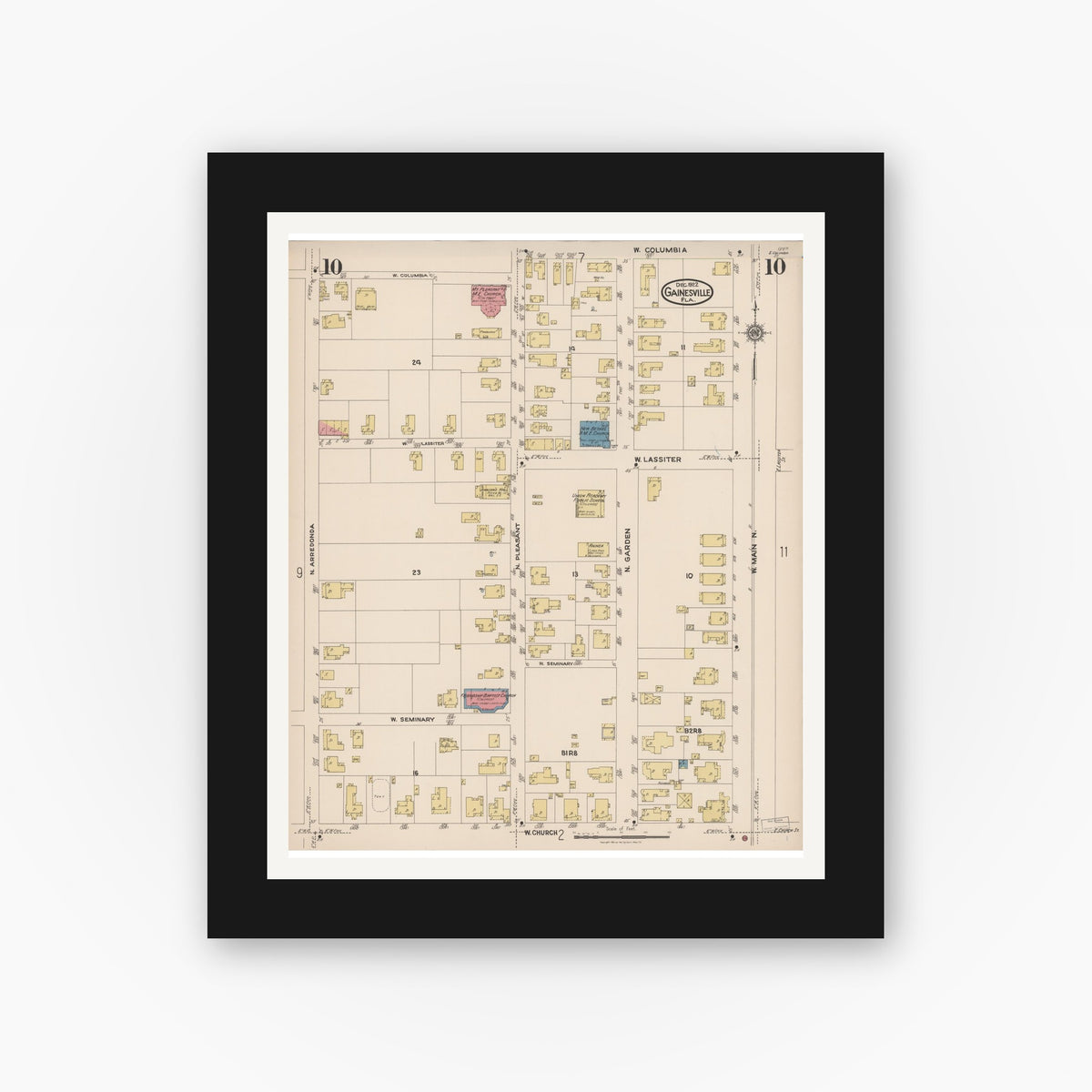 Old map wall art mockup — black gallery frame with white mat — Sanborn Fire Insurance Map from Gainesville, Alachua County, Florida (1922), Sheet #0010