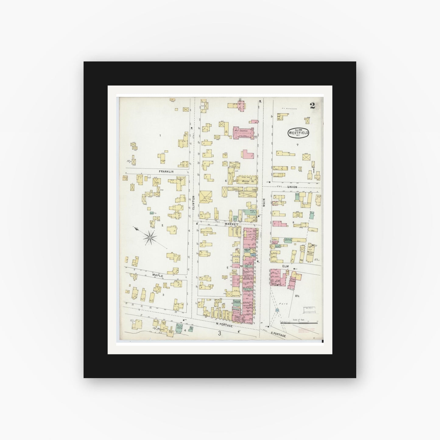 Old map wall art mockup — black gallery frame with white mat — Sanborn Fire Insurance Map from Westfield, Chautauqua County, New York (1896), Sheet #0002