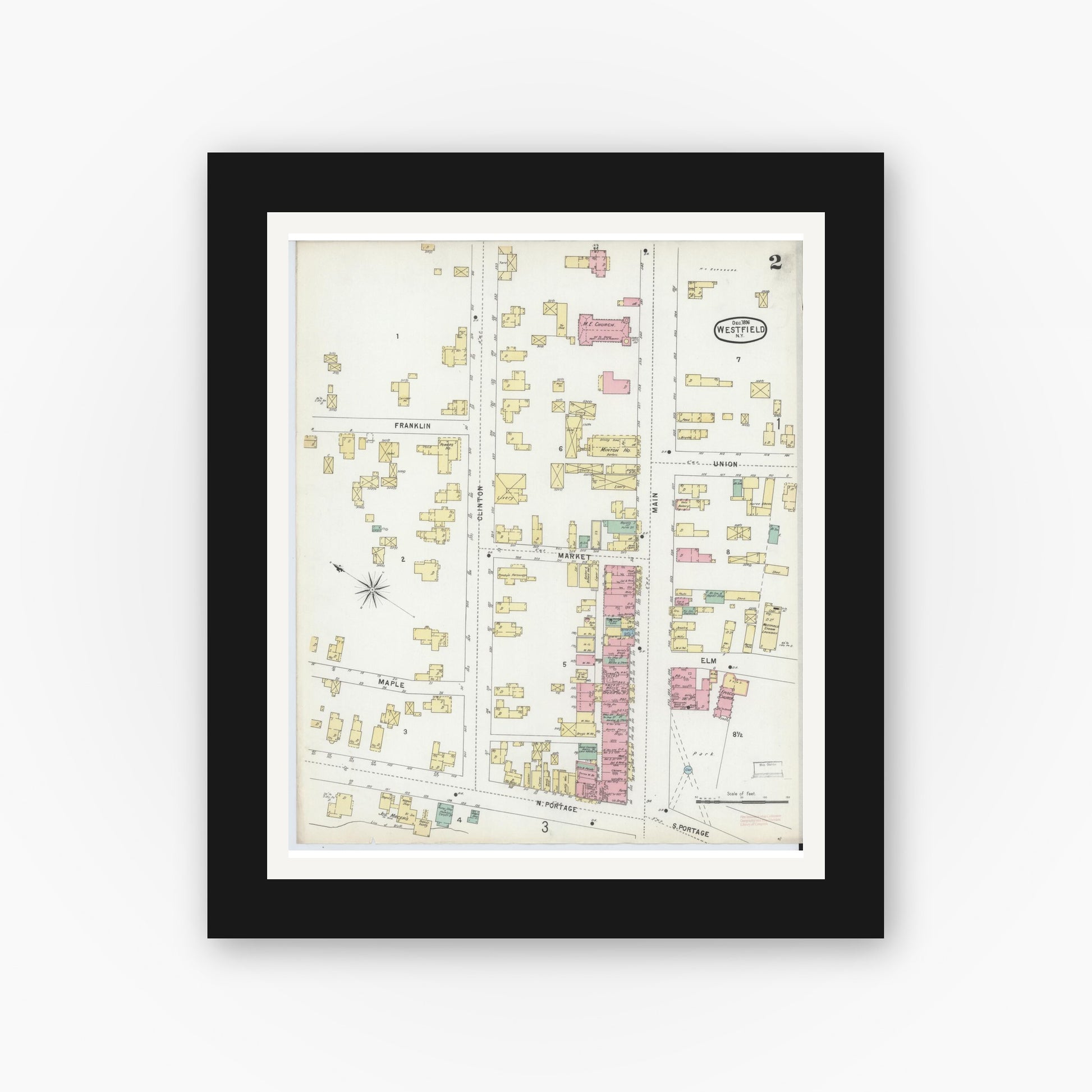 Old map wall art mockup — black gallery frame with white mat — Sanborn Fire Insurance Map from Westfield, Chautauqua County, New York (1896), Sheet #0002