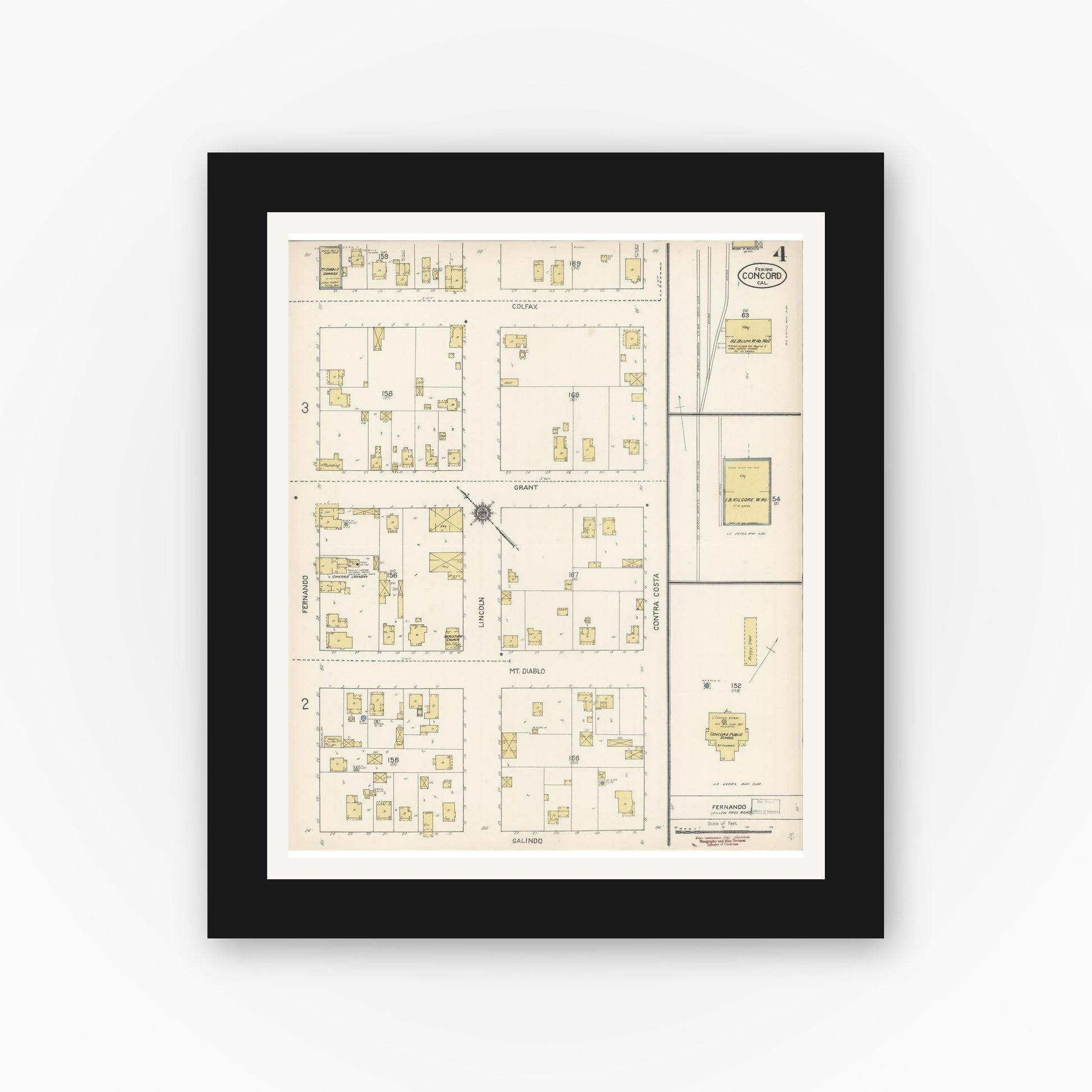 Old map wall art mockup — black gallery frame with white mat — Sanborn Fire Insurance Map from Concord, Contra Costa County, California (1912), Sheet #0004