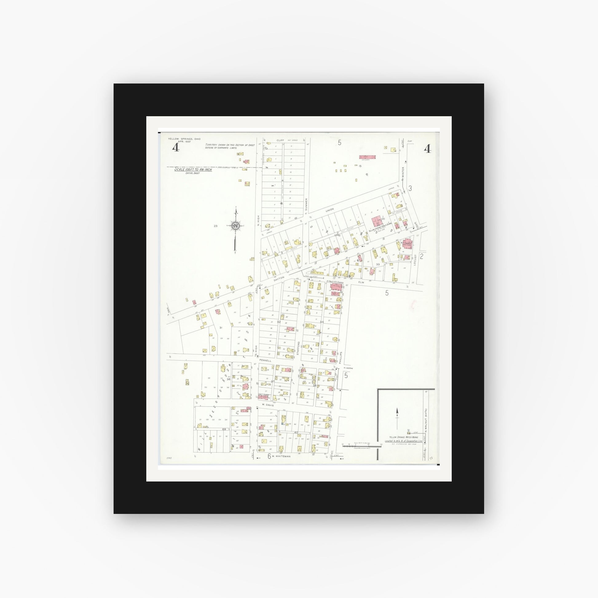 Old map wall art mockup — black gallery frame with white mat — Sanborn Fire Insurance Map from Yellow Springs, Greene County, Ohio (1937), Sheet #0004