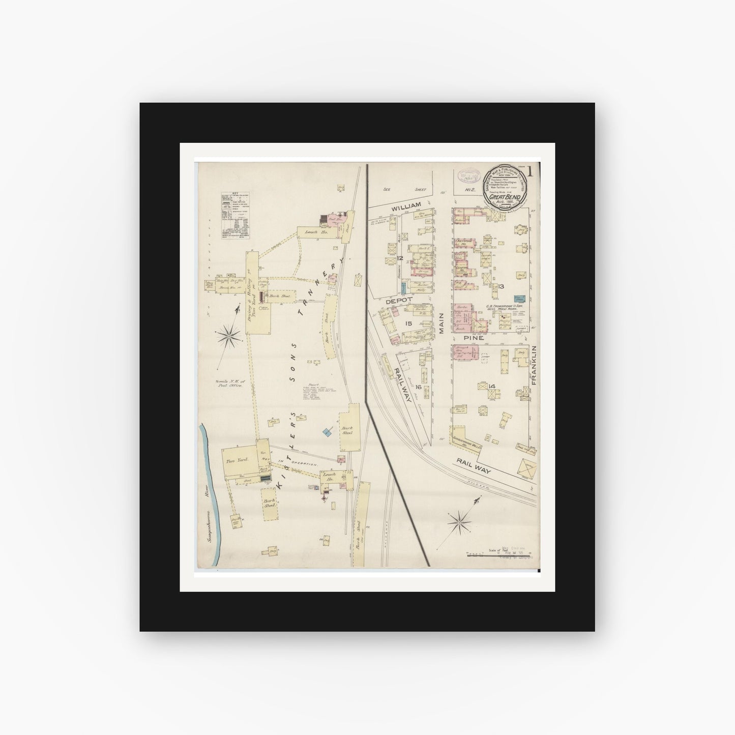 Old map wall art mockup — black gallery frame with white mat — Sanborn Fire Insurance Map from Great Bend, Susquehanna County, Pennsylvania (1885), Sheet #0001
