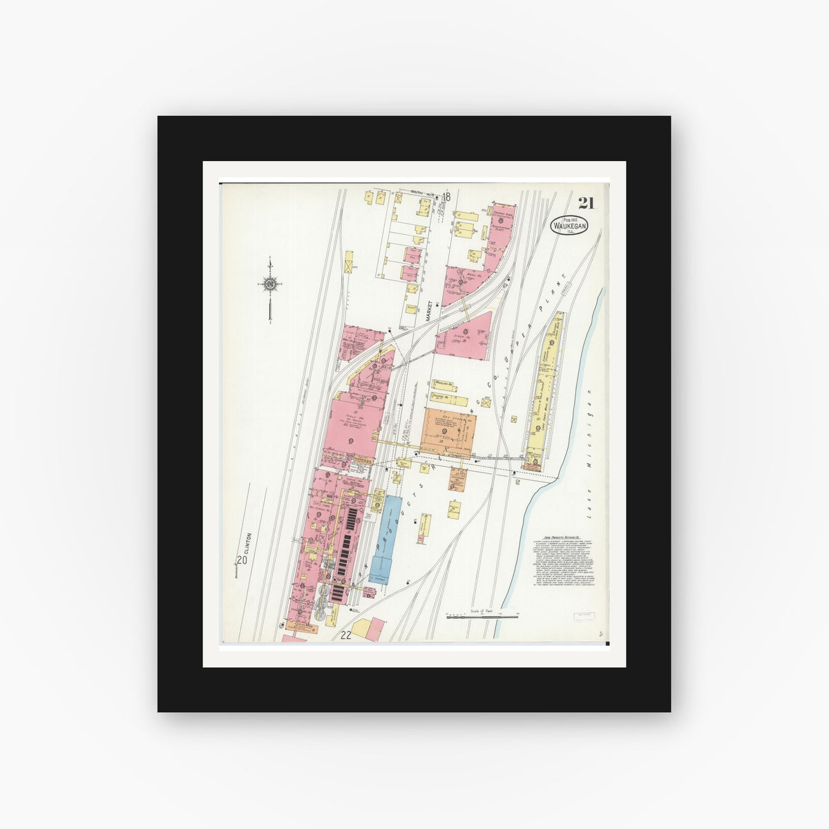 Old map wall art mockup — black gallery frame with white mat — Sanborn Fire Insurance Map from Waukegan, Lake County, Illinois (1912), Sheet #0021
