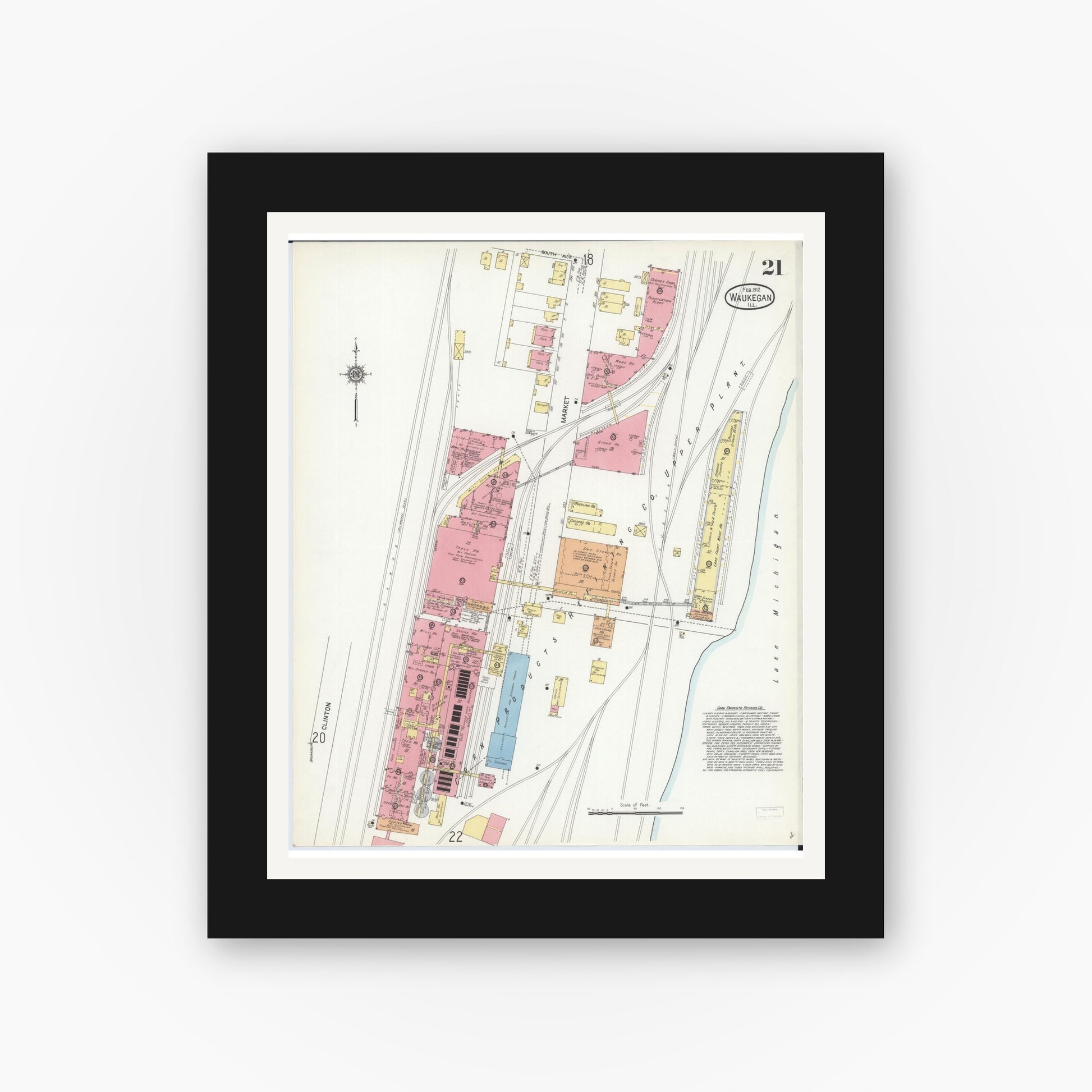 Old map wall art mockup — black gallery frame with white mat — Sanborn Fire Insurance Map from Waukegan, Lake County, Illinois (1912), Sheet #0021