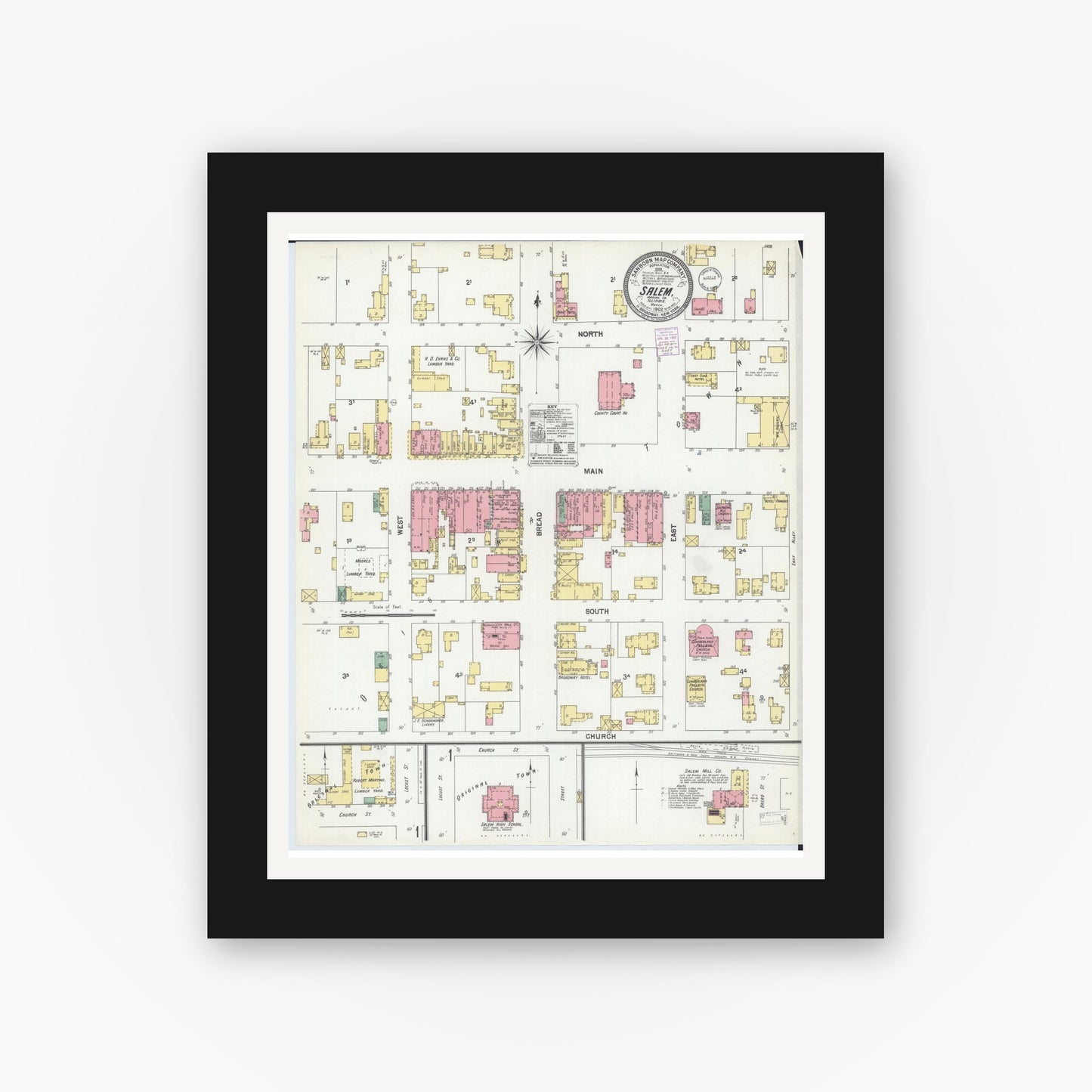 Old map wall art mockup — black gallery frame with white mat — Sanborn Fire Insurance Map from Salem, Marion County, Illinois (1902) - Complete Map Set