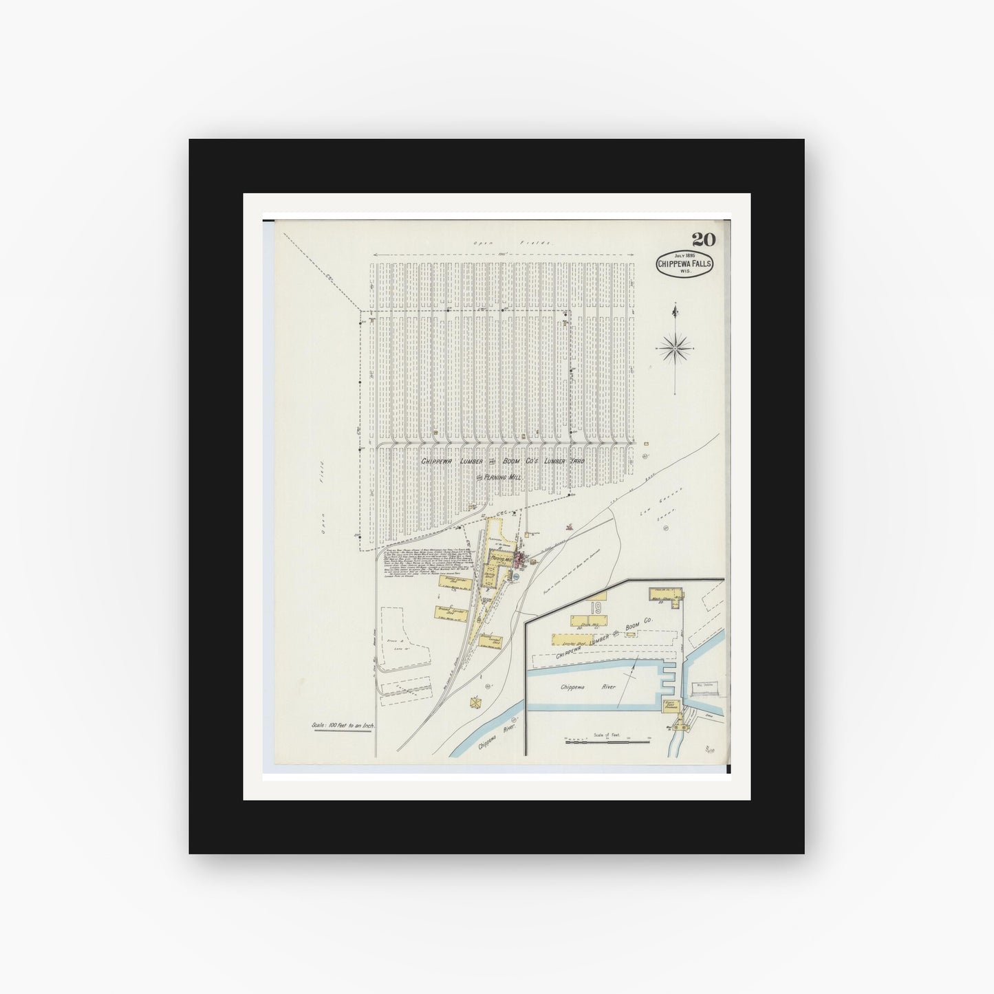 Old map wall art mockup — black gallery frame with white mat — Sanborn Fire Insurance Map from Chippewa Falls, Chippewa County, Wisconsin (1895), Sheet #0020