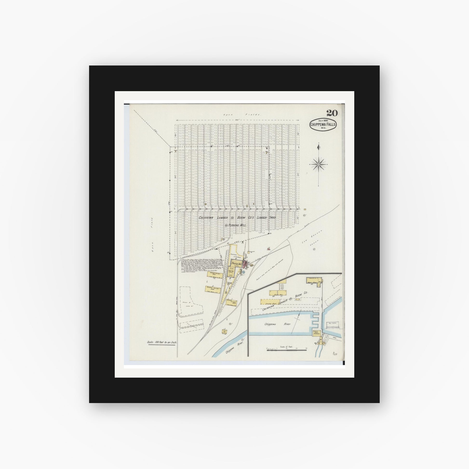 Old map wall art mockup — black gallery frame with white mat — Sanborn Fire Insurance Map from Chippewa Falls, Chippewa County, Wisconsin (1895), Sheet #0020
